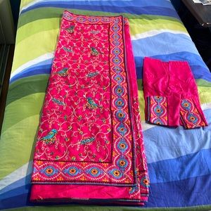 Sarees For Women soft Silk hand Katha stitch Saree, Rani Pink color with blouse